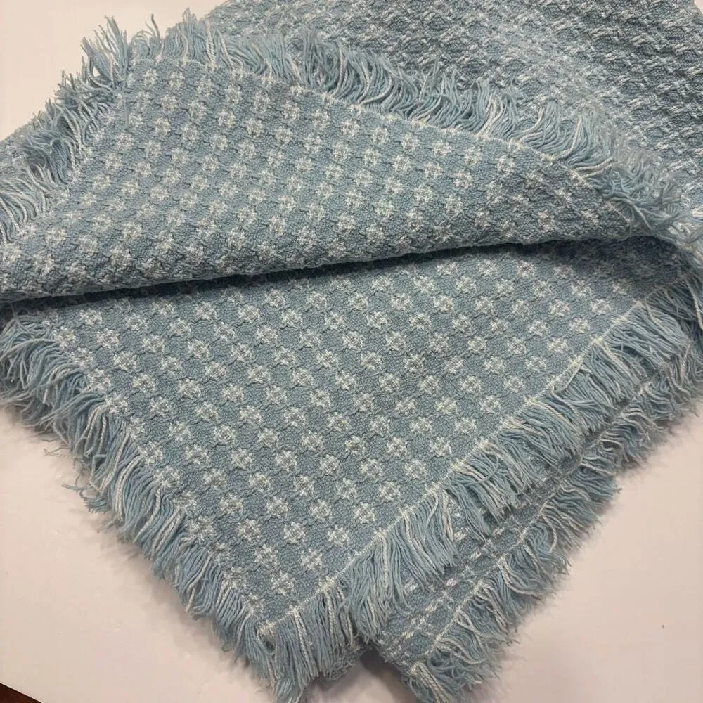 Vintage Homespun Fringed Tablecloth Blue White Rectangular Tablecloth 60